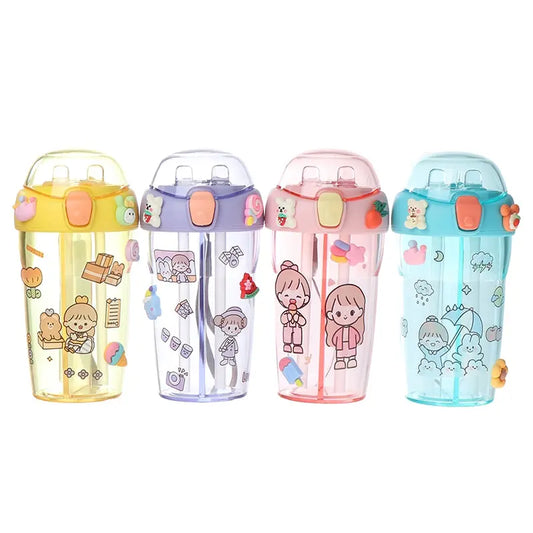 Cute Double Compartment Water Bottle With Two Straws For Kids