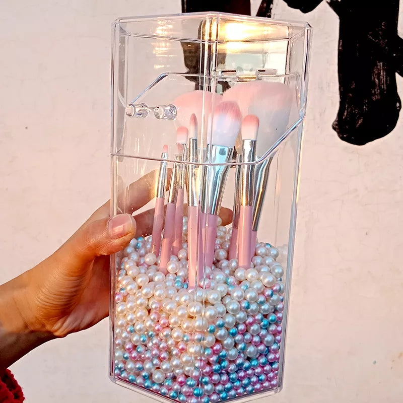 Transparent brush holder with pearls