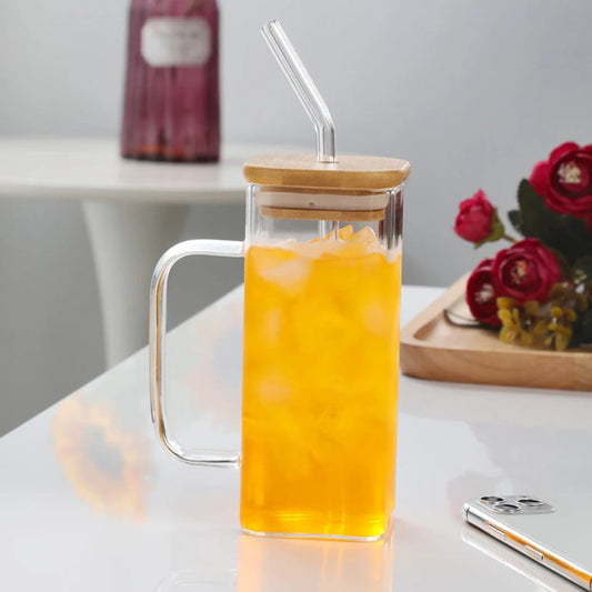 Square Glass Cup With Bamboo Lid and Straw