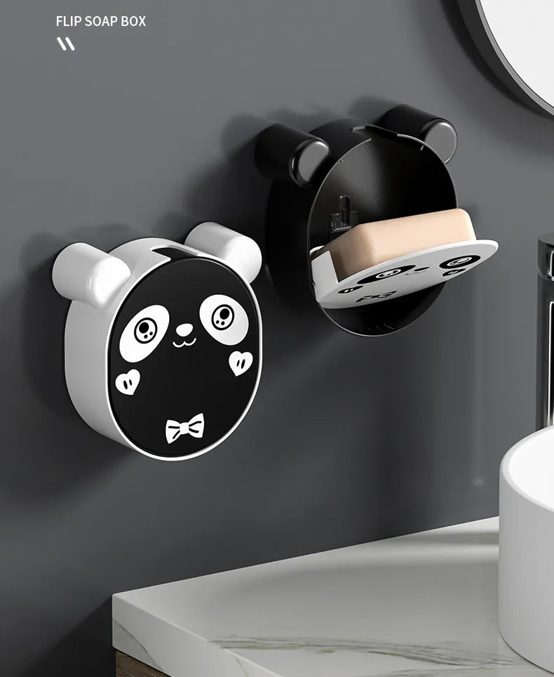 Cute Panda Soap Dish Holder, No-Drilling Soap Dish with Drain, Wall Mounted Soap Saver for Shower