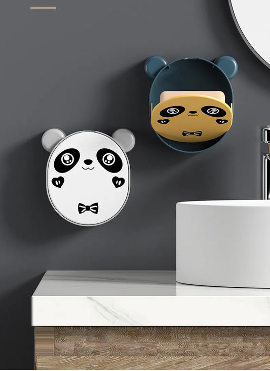 Cute Panda Soap Dish Holder, No-Drilling Soap Dish with Drain, Wall Mounted Soap Saver for Shower