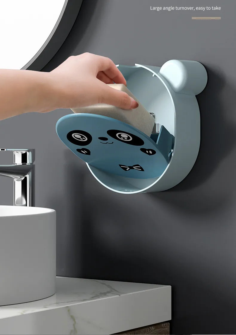 Cute Panda Soap Dish Holder, No-Drilling Soap Dish with Drain, Wall Mounted Soap Saver for Shower