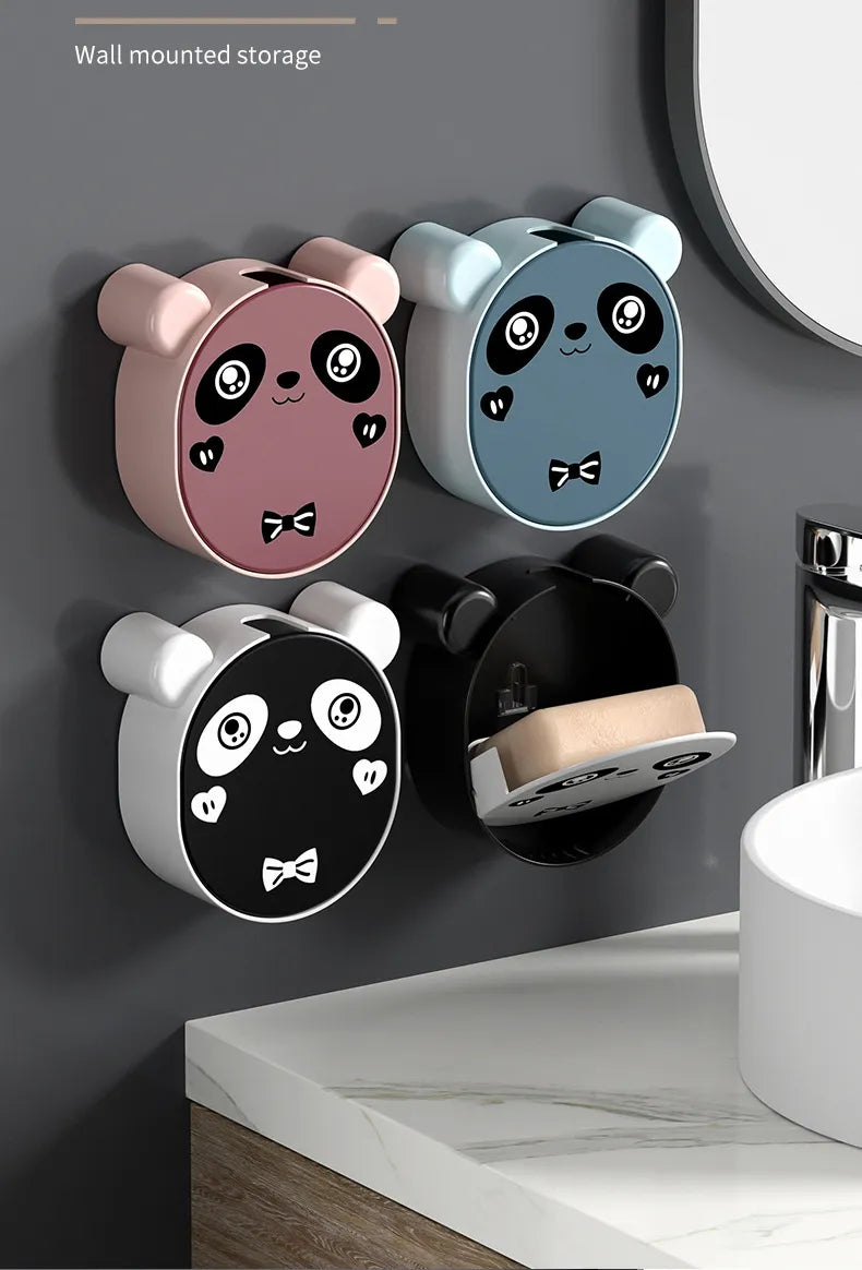 Cute Panda Soap Dish Holder, No-Drilling Soap Dish with Drain, Wall Mounted Soap Saver for Shower